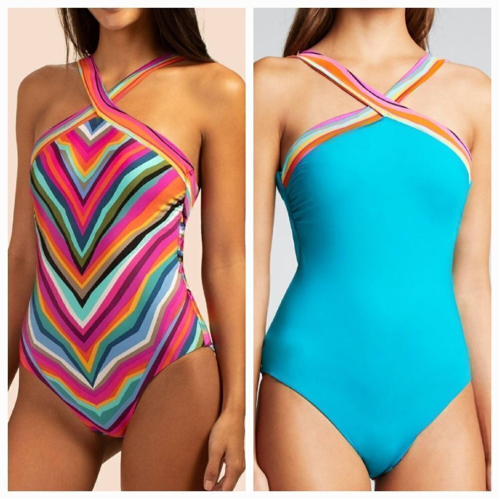 Trina Turk Louvre Stripe Reversible High Neck One Piece Swimsuit Size 12